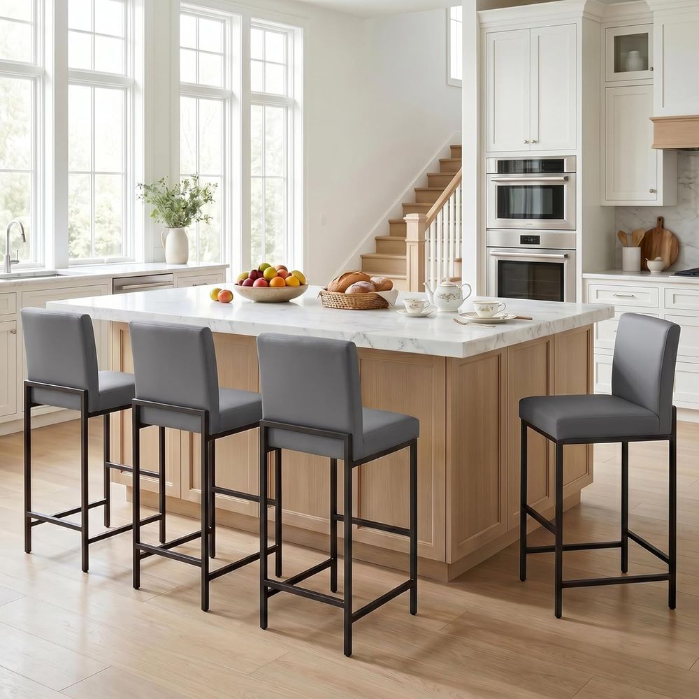 Set of 4 Grey Upholstered Leat - Home Bar Stools 评论和价格